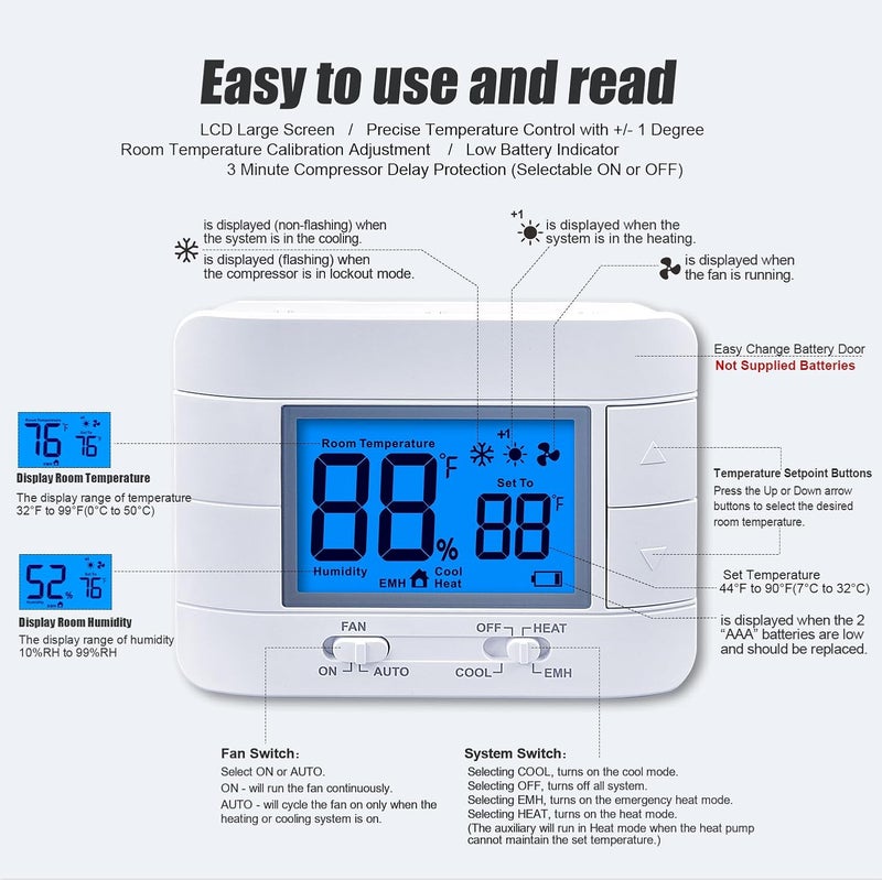 Mroinge Thermostat Non Programmable Heat Pump Thermostat for House 2H/1C, with Large LCD Display of Room Temperature and Humidity - Image 4